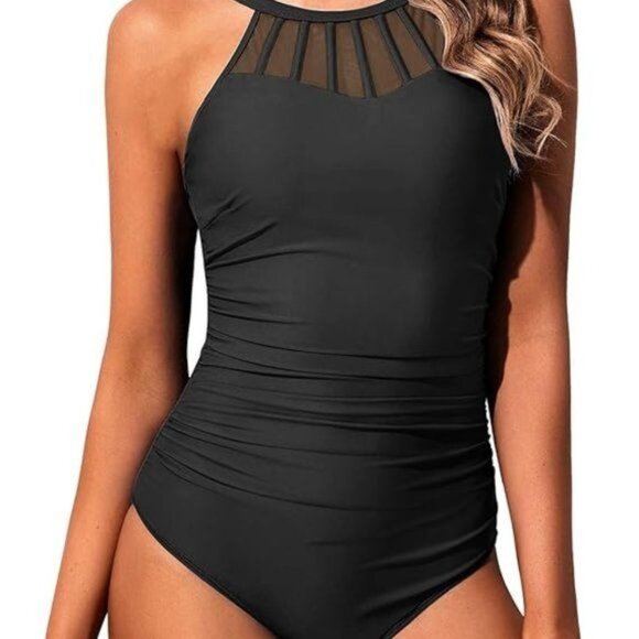 Women High ☀️ Neck One Piece Swimsuit Tummy Suit Mesh Swimwear for Teen Girls - Picture 5 of 6